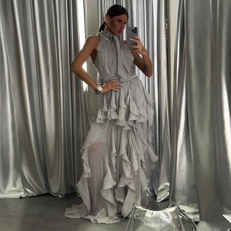 Summer Cascading Ruffles Long Dress Women Sleeveless Lace Up Pleated Female A-line Dresses 2026 Fashion Lady Holiday Robes New