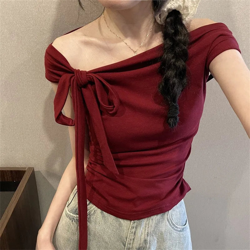 Sexy Spice Girl Shoulder Short Tshirt Women's Strap Slit Cleanfit Style Ladies' T-shirt Linen Fabric A-line Sleeve Other Mate...