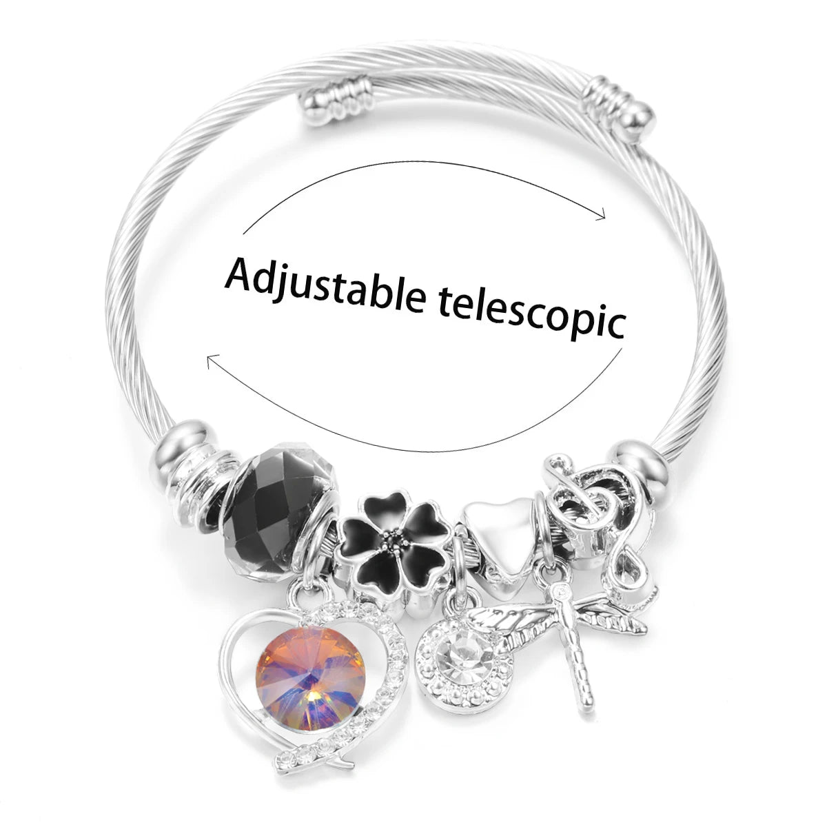 New Trendy Rhinestones Dragonfly Crystal Beaded Pendant Bracelet Stainless Steel 4 Colors Closure Bangles Women'S Bracelet Jewelry