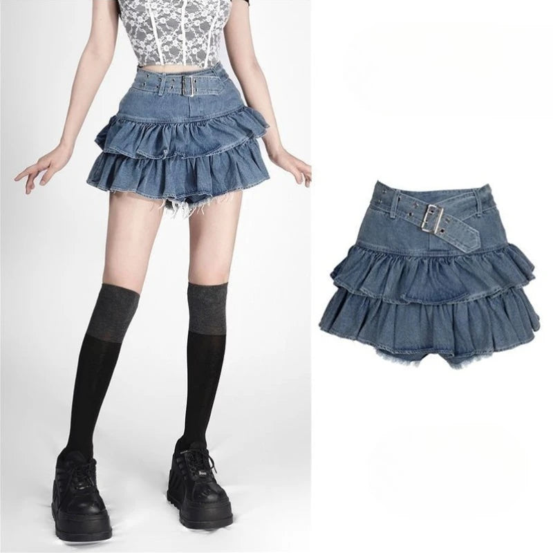 Double Layer Ruffle Two Piece High Waist Mini Tiered Cake Denim Skirt Thin Anti Slip Design