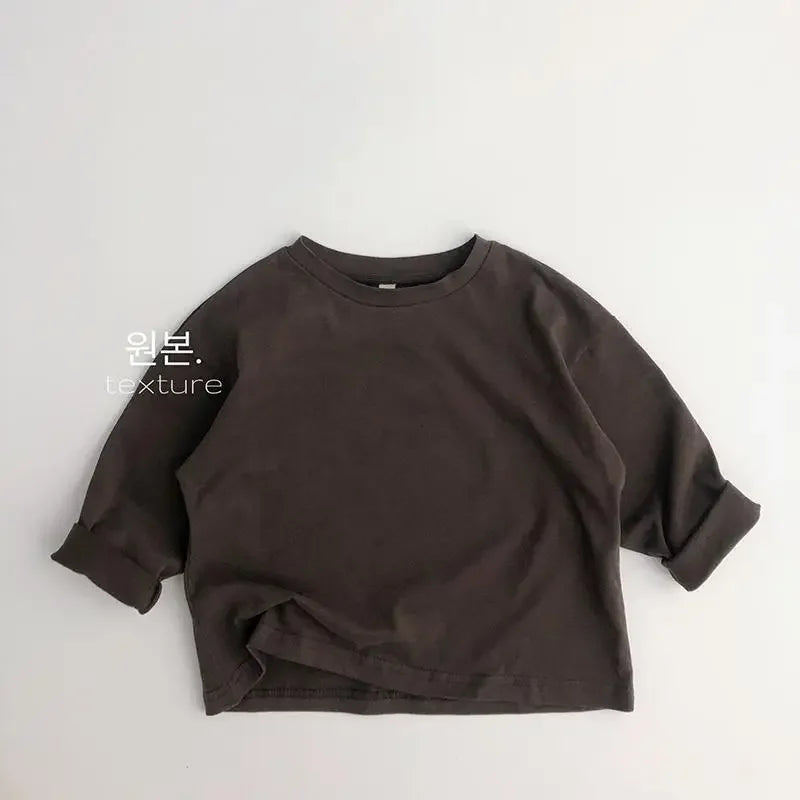 Solid Color Children's Cotton T-Shirt - Unisex O-Neck Long Sleeve