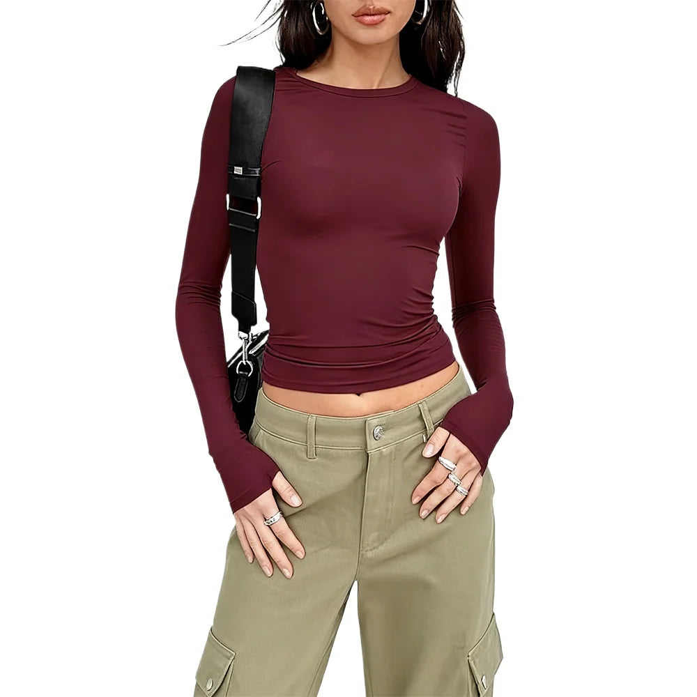 Women Long Sleeve T Shirt Solid Fashion Slim Fit Casual Shirts Female Crew Neck Basic Tee Clothes Streetwear Crop Tops