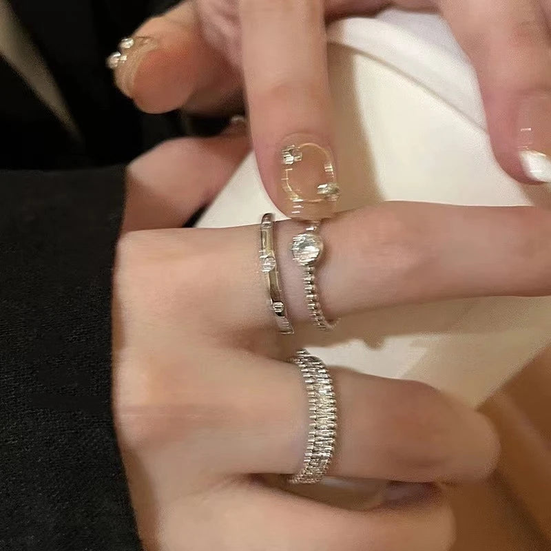 Vintage Silver Ring Set Crystal Round 3Pcs Y2K Aesthetic Jewelry For Women And Girls Trend