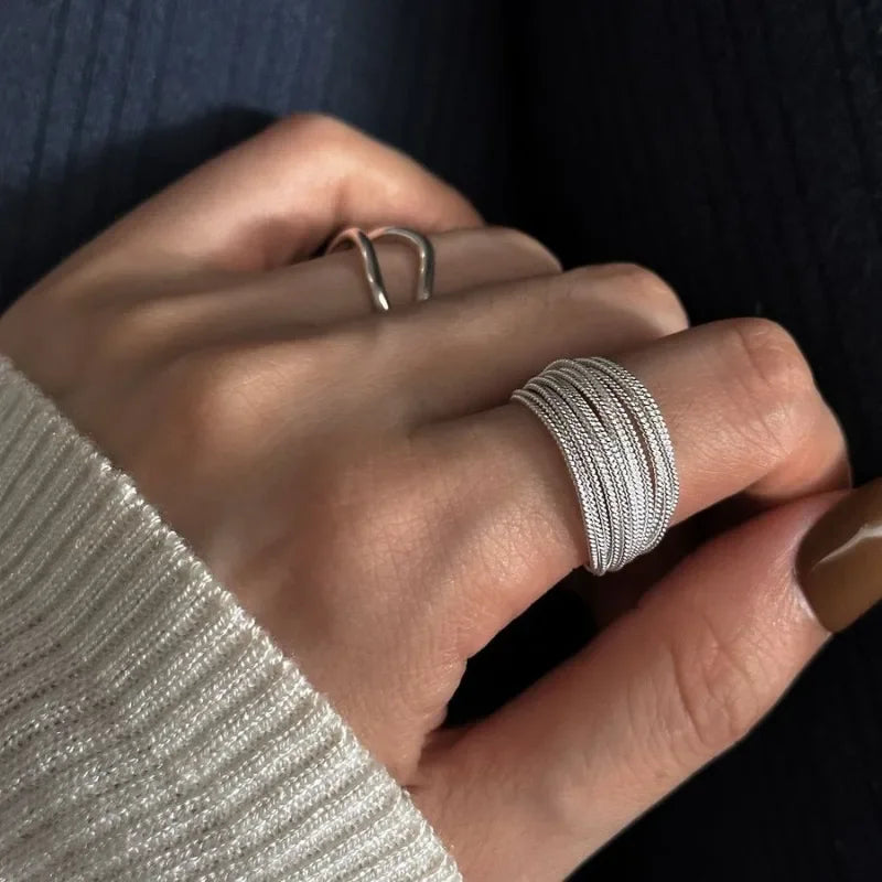 Personality Design Trendy Silver Color Multi-Line Ring For Women'S Girl Charm Opening Irregularity Finger Ring Set Jewelry