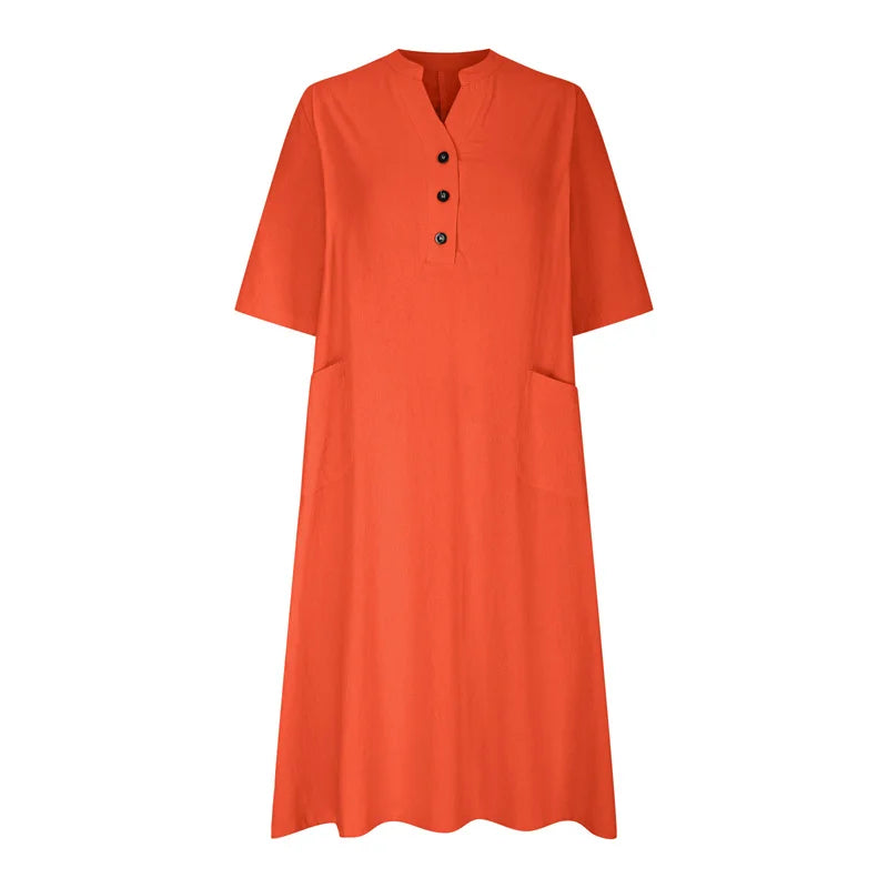 New Solid Color Cotton Linen Comfortable Casual Dresses Women Half Sleeve Loose Dress Gown Female Double Pocket Patchwork Frock