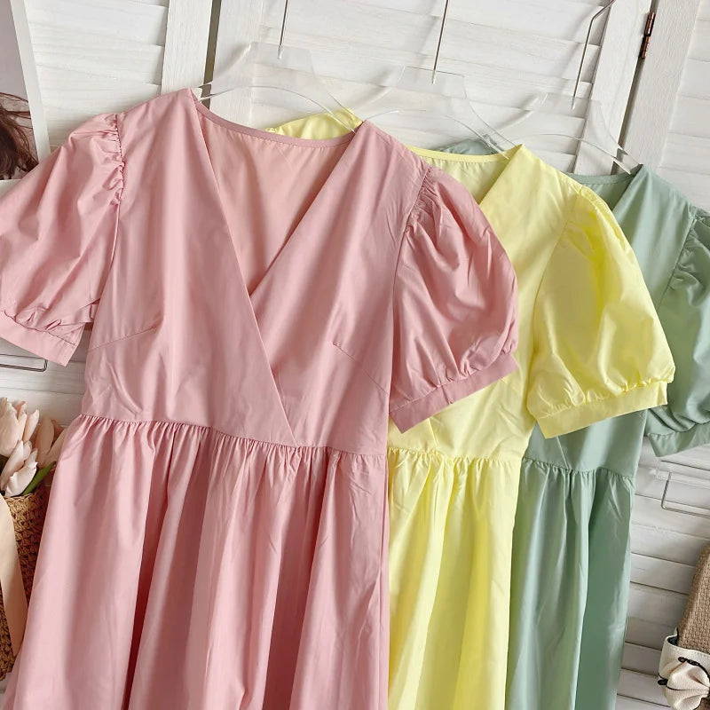 Retro Elegant  Color V-neck Bubble Sleeve Waist-cinching Slimming Casual Lace Trim Dress Women Summer Midi Dress