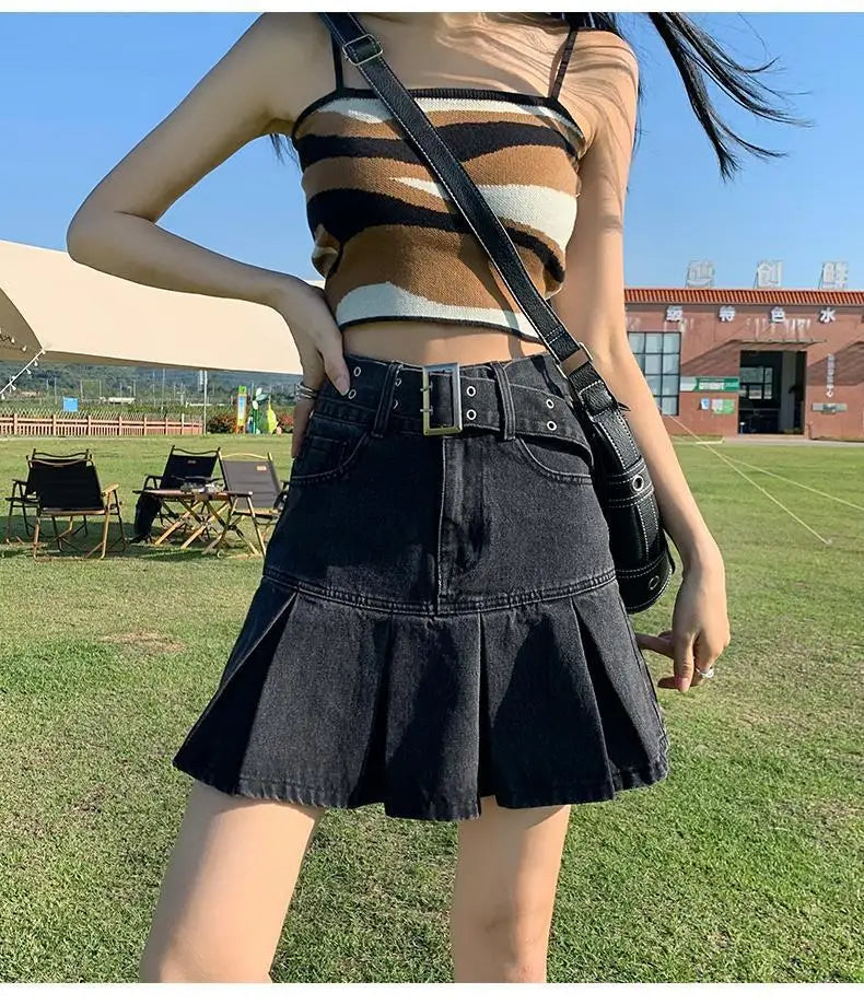 Retro American Blue Hot Girl Pleated Denim  Skirt Women's Summer New Pure Desire A-Line High Waist Short Skirt