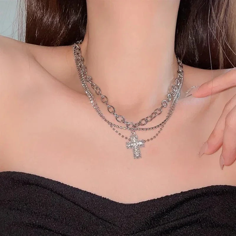 Rhinestone Cross Pendant Necklace Spicy Girl Sweet and Cool Style Multi Layered Necklace Choker Gift for Women Choker Jewelry