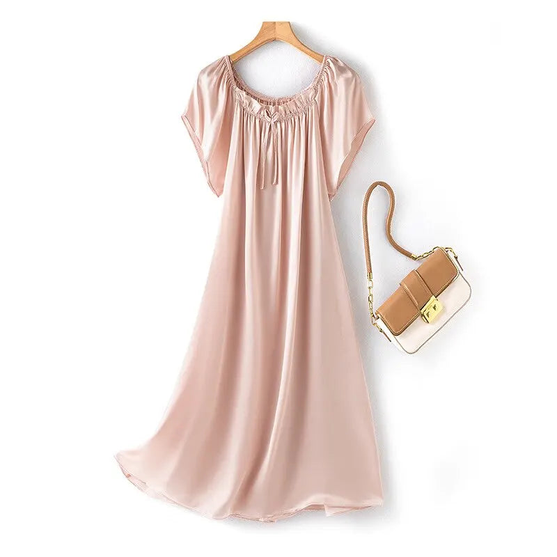 Loose 100%Silk Short Sleeve Nightgown, Summer Medium-long Satin Sleepwear Woman