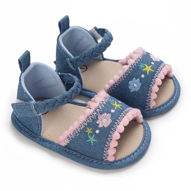 Baby Girls' First Walker Sandals - Blue Butterfly Knot Soft Sole 0-18M