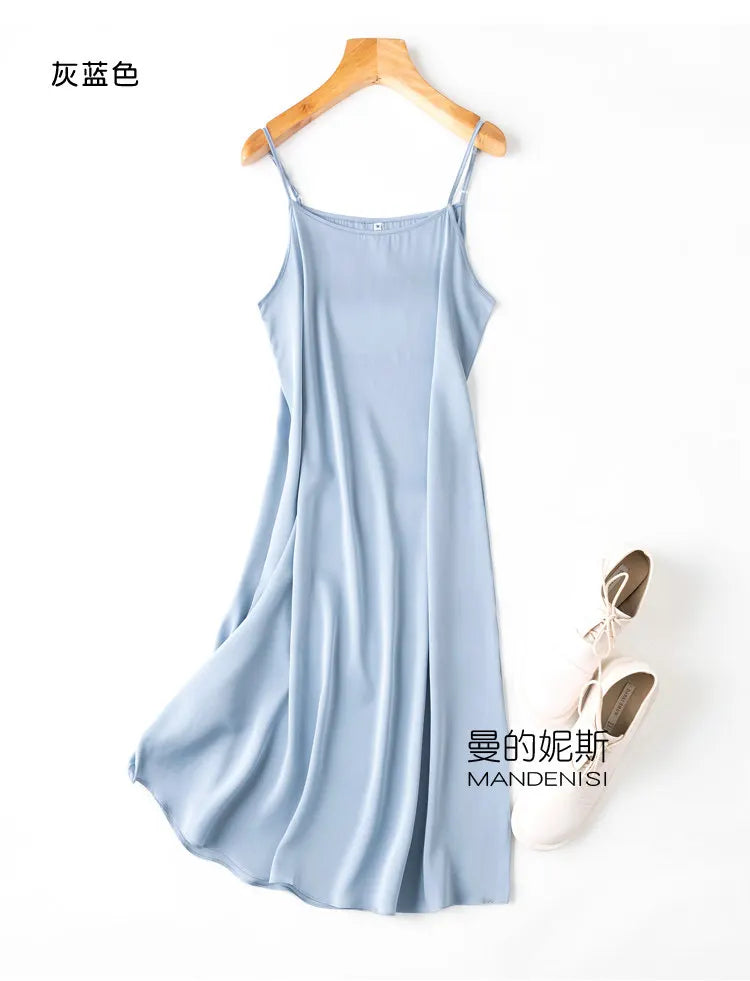 Tcyeek Women Silk Dress 93%Silk 7%Spandex Spaghetti Strap Mid Dresses 2024 Summer New Clothes Blue