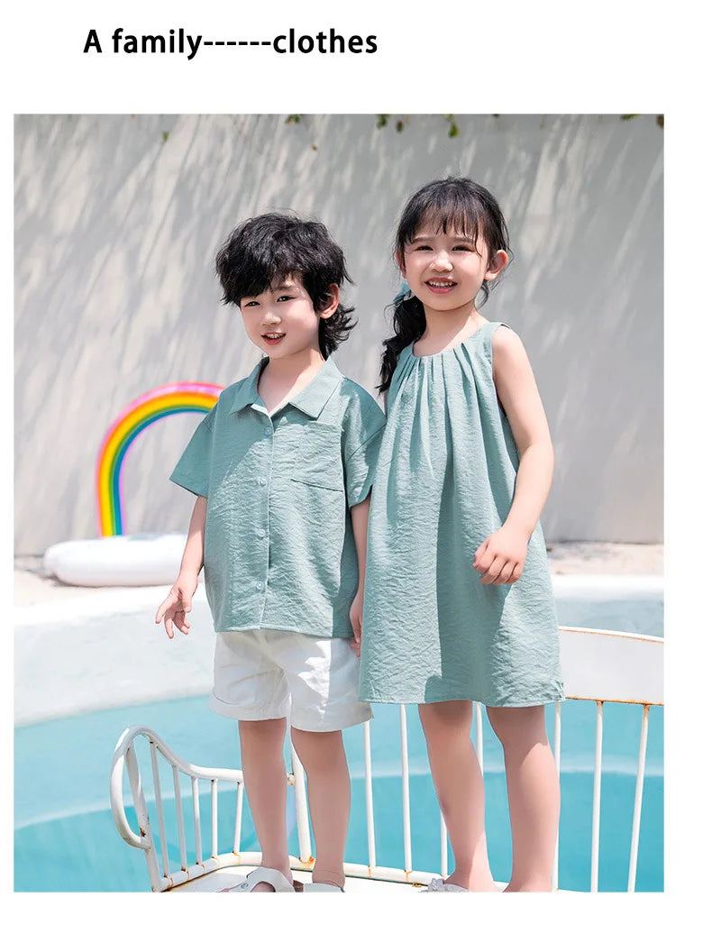 Vacation Family Matching Couple Outfit Dad Son Beach Shirts Mom Daughter Loose Dress Korean Parent-child Sister Brother Clothes