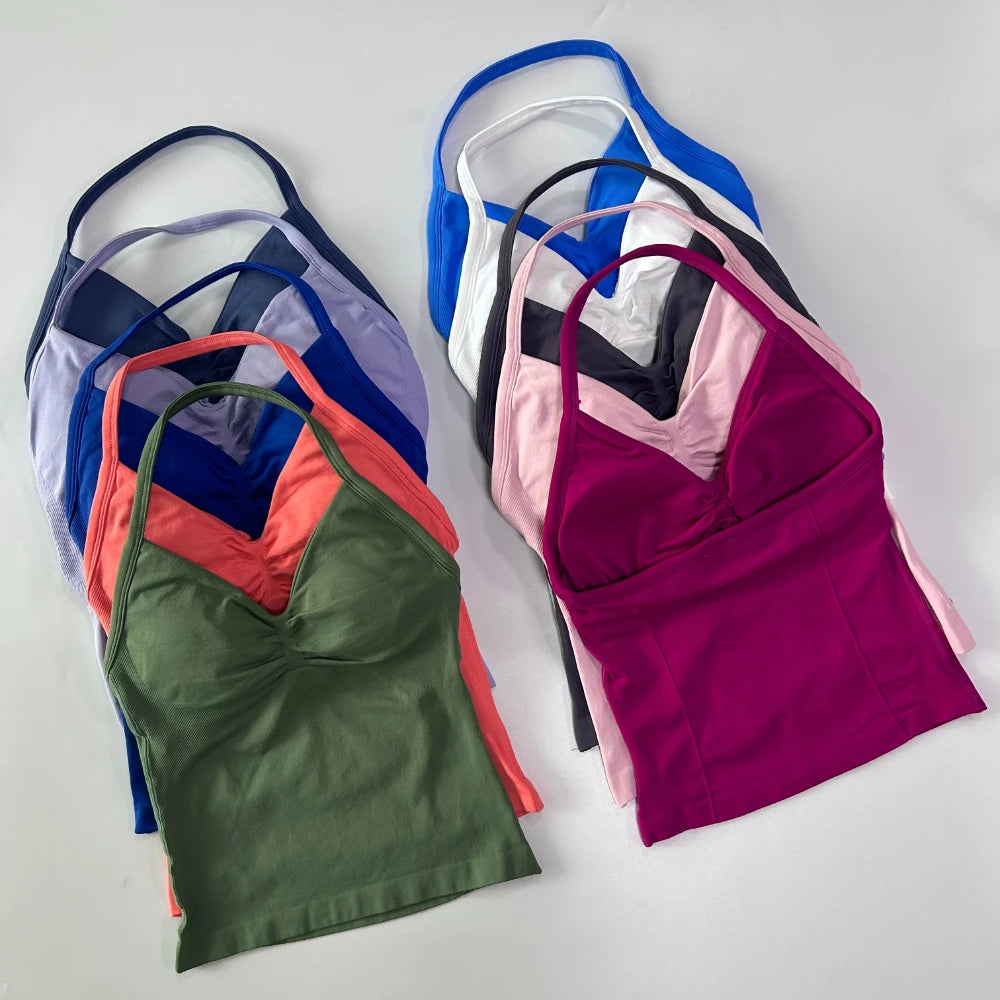 No Logo Longline Strappy Top Women Seamless Yoga Tank Tops Buit-in Bra Ruched Backless Gym Clothes Sleeveless Shirt Workout Top