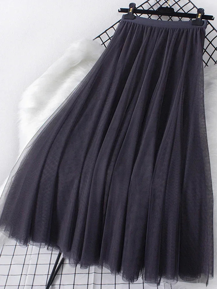 New large hem chiffon long skirt for women's Korean casual simple solid color three-layer A-line high waisted long skirt