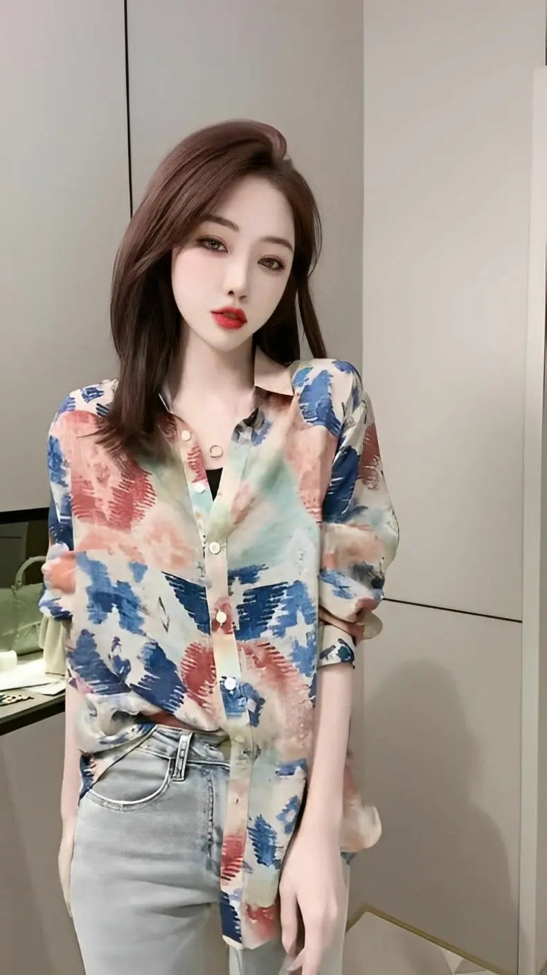 Spring 2026 Floral Print Loose Long Sleeve Women's Shirt Fashionable Versatile Korean Style Commute Polonaise Polyester Fiber