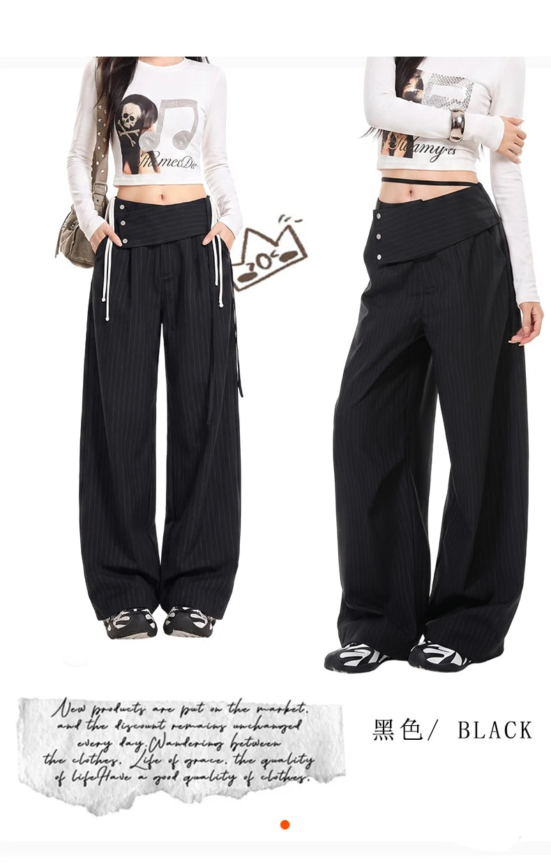 Detachable Skirt Panel Striped Suit Pants Women Turn Up Cuff Tie Waist Straight Wide Leg Trousers Loose Casual Streetwear Pants
