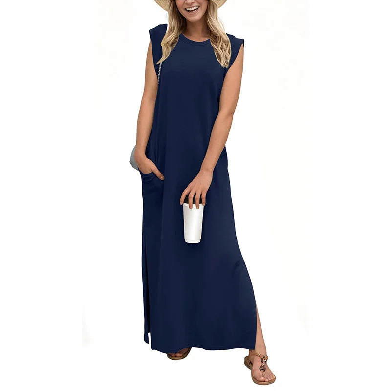 Casual Maxi Dress For Women Summer Loose Sleeveless Long Dresses Elegant Lady O Neck Solid Color Boho Beach Sundress Vestidos