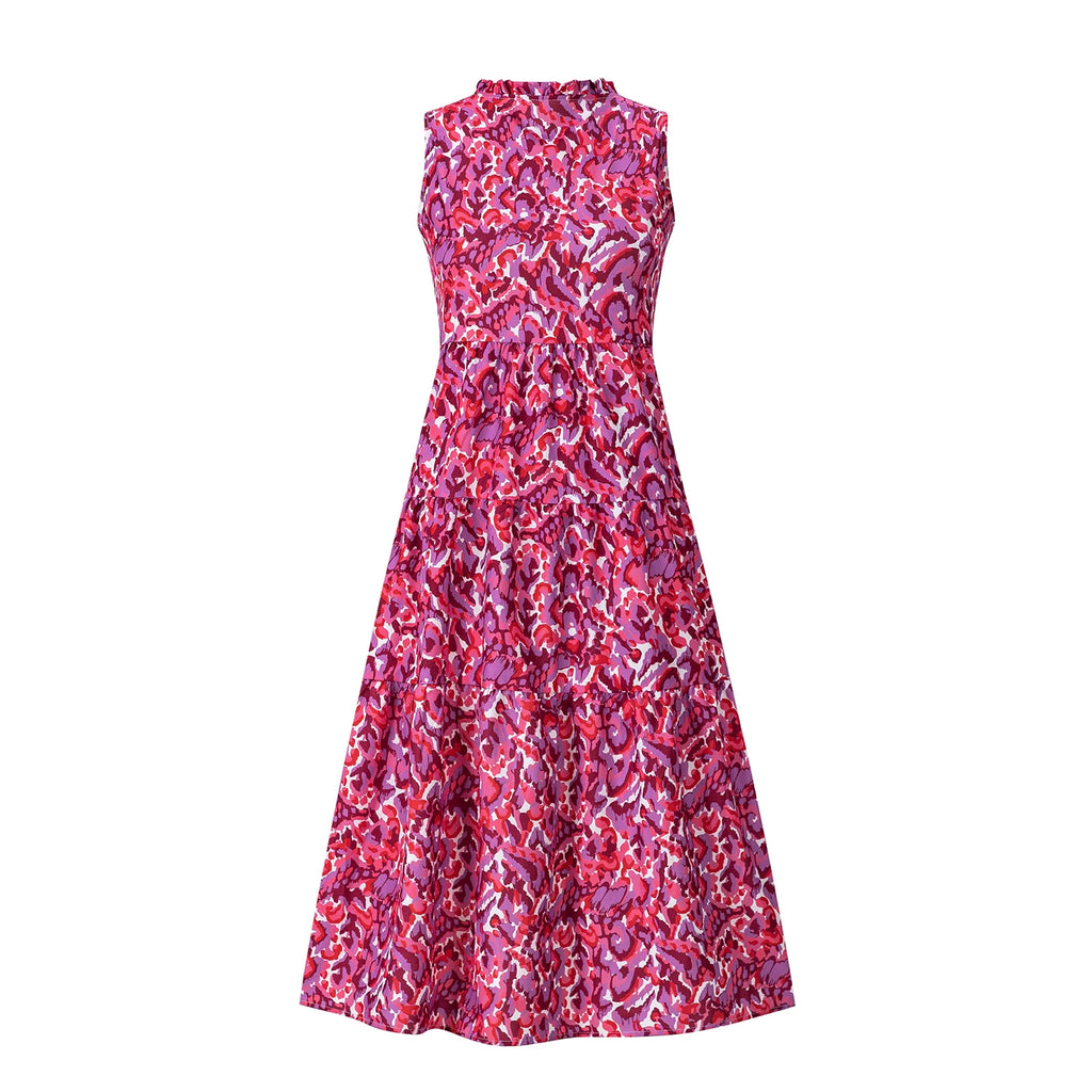 New European and American Summer Cross-border Seaside Vacation Mid to Long Sleeveless V-neck Tassel Abstract Print Dress