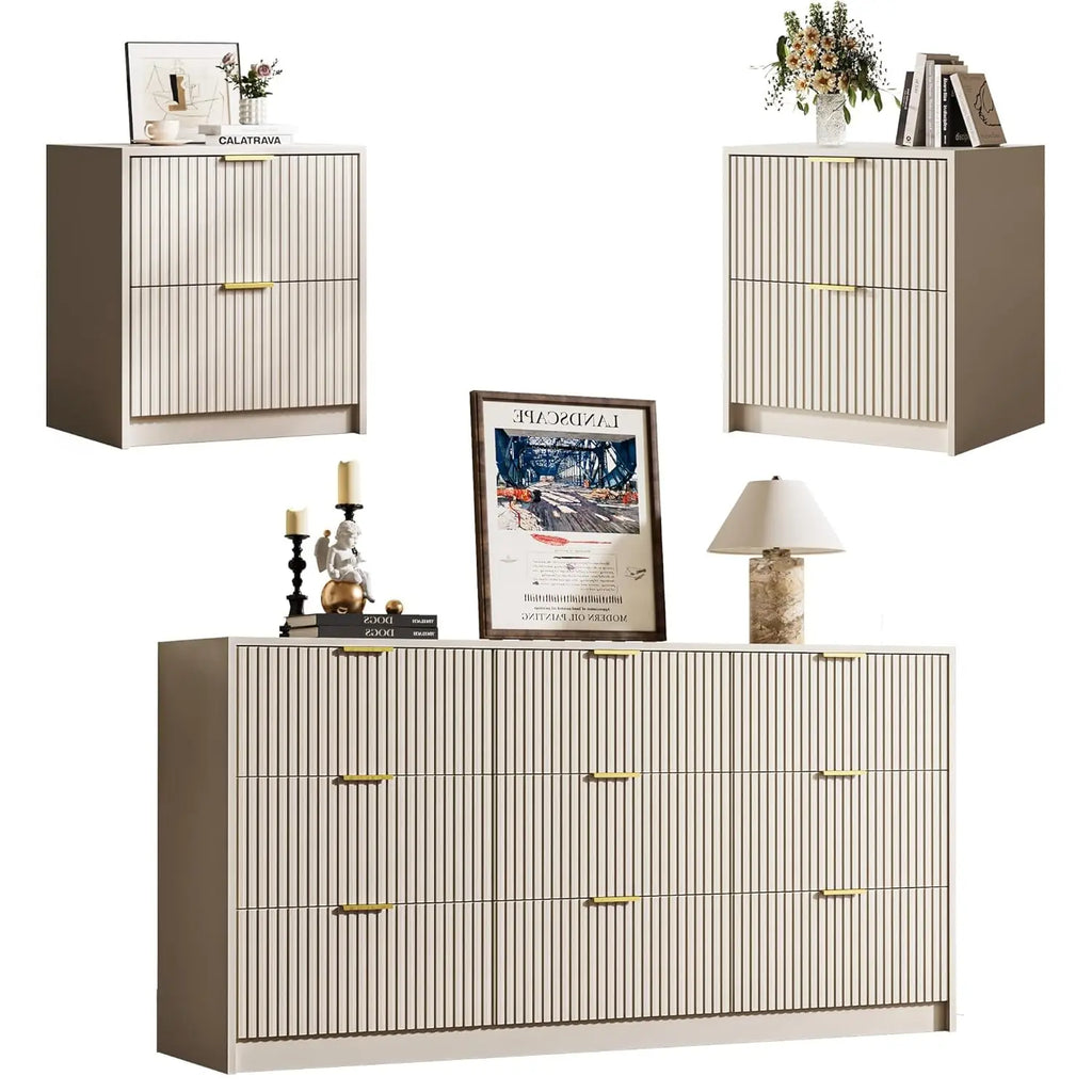 3-Piece Dresser Bedroom Set, 9 Drawer Dresser & 2 Drawer Nightstands with Gold Handles, Fluted Wood Chest of, Customized