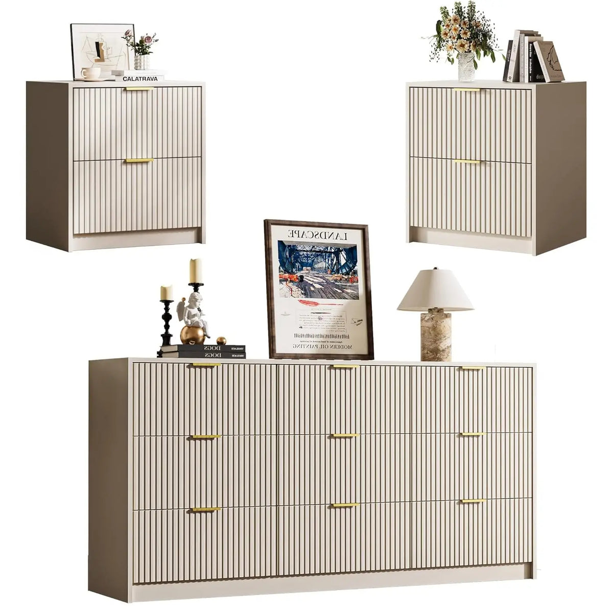 3-Piece Dresser Bedroom Set, 9 Drawer Dresser & 2 Drawer Nightstands with Gold Handles, Fluted Wood Chest of, Customized