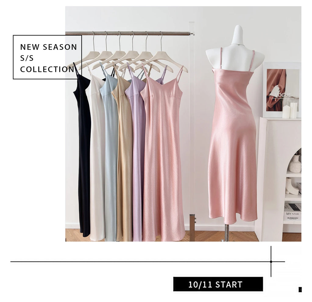 Elegant Chinese Style Satin V-Neck Sleeveless Women's Dress Slimming Waist Design Summer City Walk Long Skirt Inner Wear