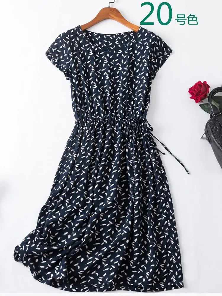 Cotton Silk Dress Women's Short Sleeved 2026 Summer New Ladies Slim Round Neck Temperament Beach Print Dresses