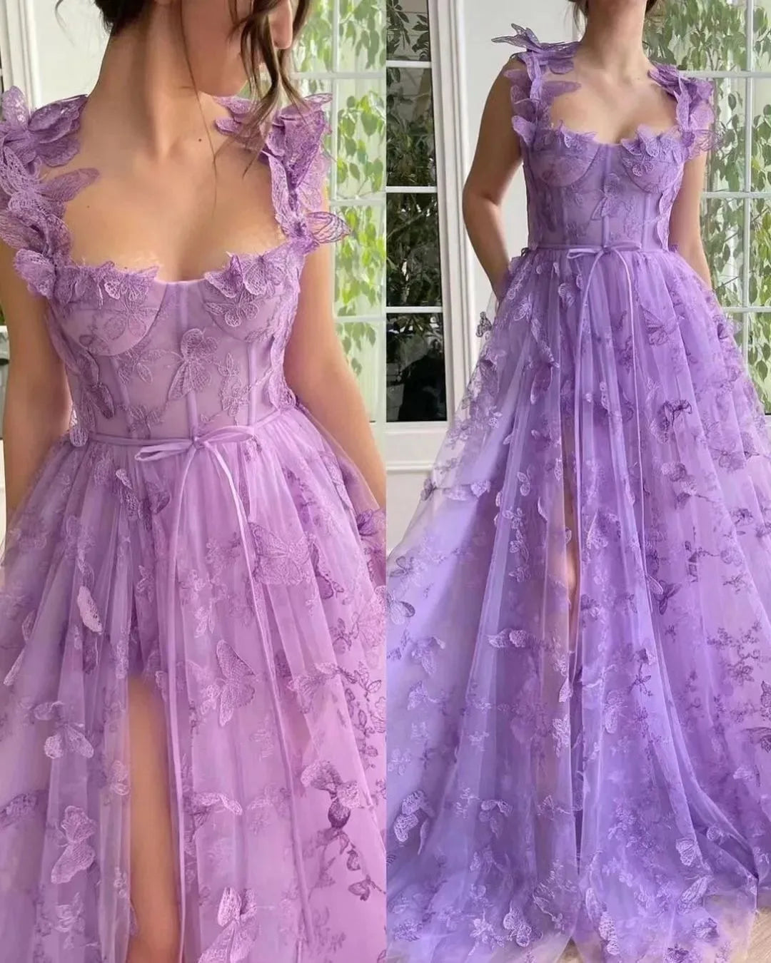 with Lace 3D Butterfly Sexy Slit Ball Gown Evening Dresses Wedding Formal Party Vestidos New Women Corset Long Tulle Prom Dress