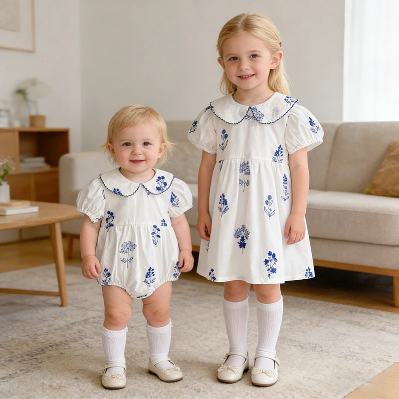 Summer New Style 2-6Y Girl Dress Korean Embroidered Short Sleeve Baby Clothes Children's Dress Girls Retro Sister Dress