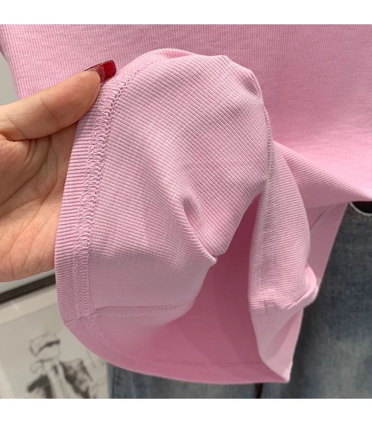 Pink Shoulder Bared Short Sleeve T Shirt Women's Summer New Style Ageless Lady Pure Desire Spicy Girl Top Simple Backless Design