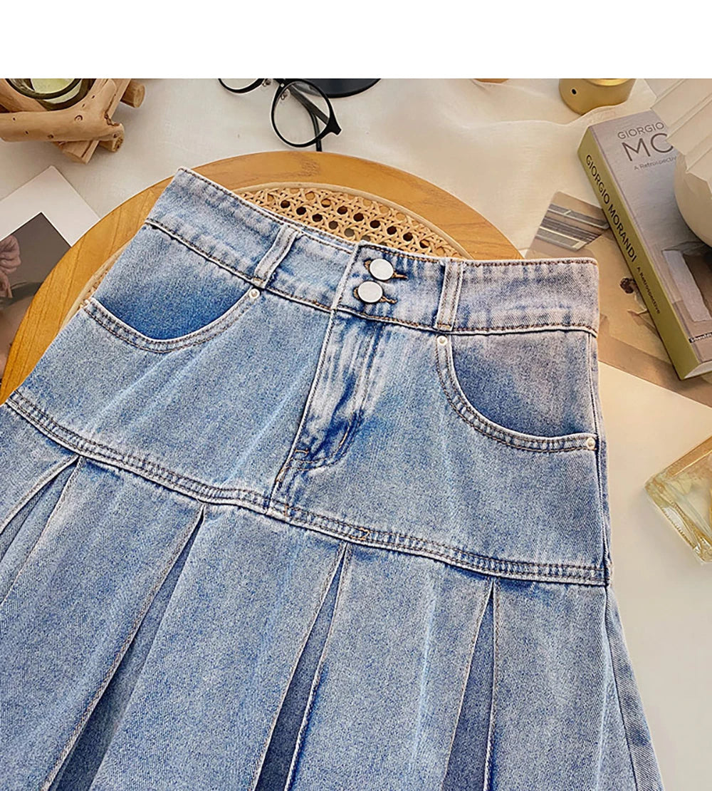 Women Pleated Denim Mini Skirt Summer High Waist Double Button Slim A-Line Skirts with Safety Shorts Y2K Style Party Wear Skirt