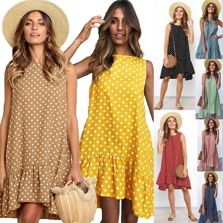 2020 Summer round Neck Sleeveless Polka Dot Loose A-Line Dress with Lace Hem Long Evening Gown Women's Fashion Casual Dress