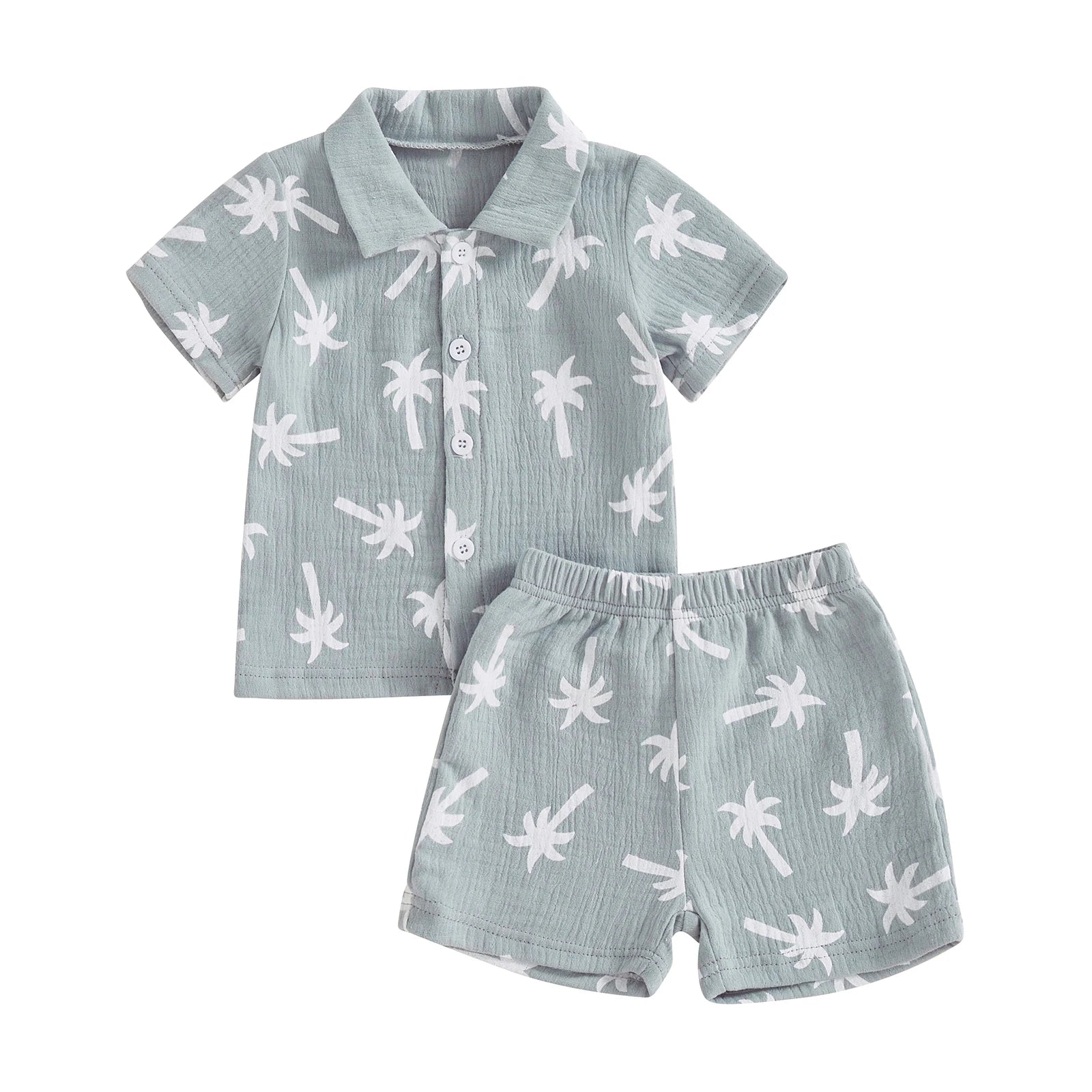 Palm Tree Print Baby Boys Summer Outfit Two Piece Set Button Up Shirt And Elastic Shorts