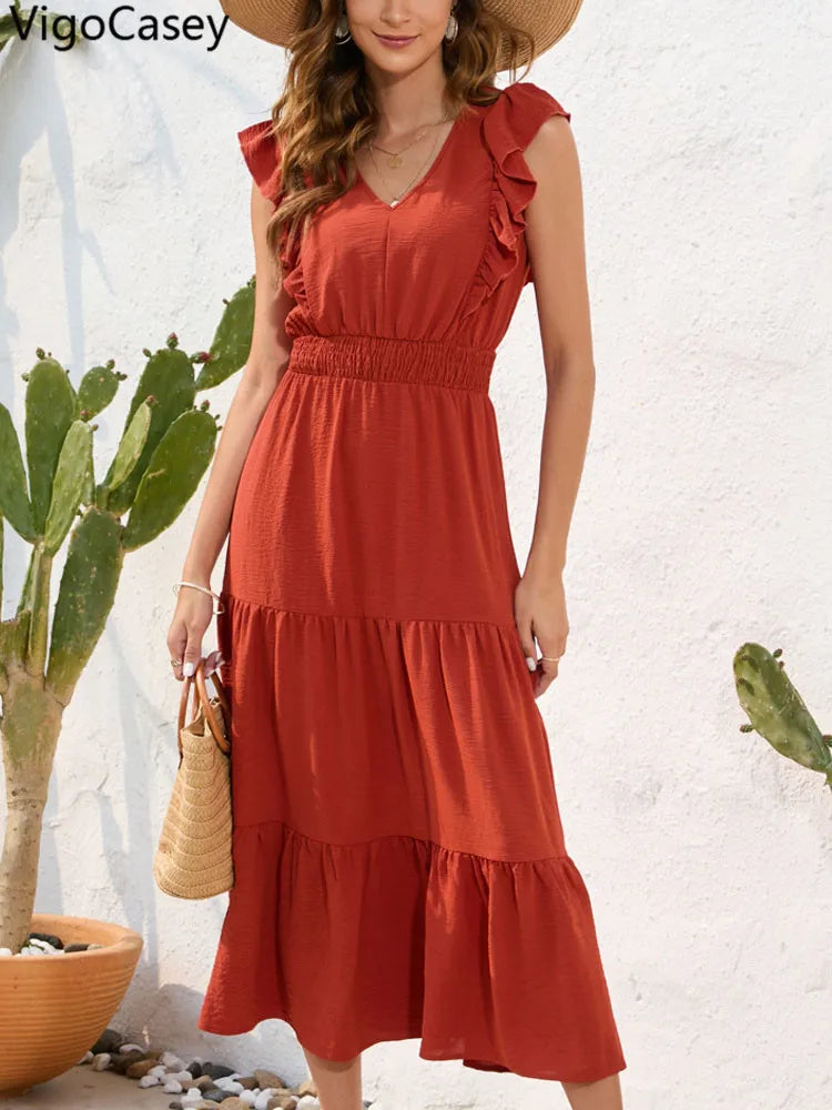 VigoCasey 2026 Summer Female Solid Long Dress Women Sexy Ruffle Sleeveless V Neck Long Dress Lady Casual High Waist Dresses
