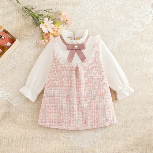 Baby Girl Dresses Plaid Long Sleeve Bow Tie Adorable Princess Outfit For Toddler Girls