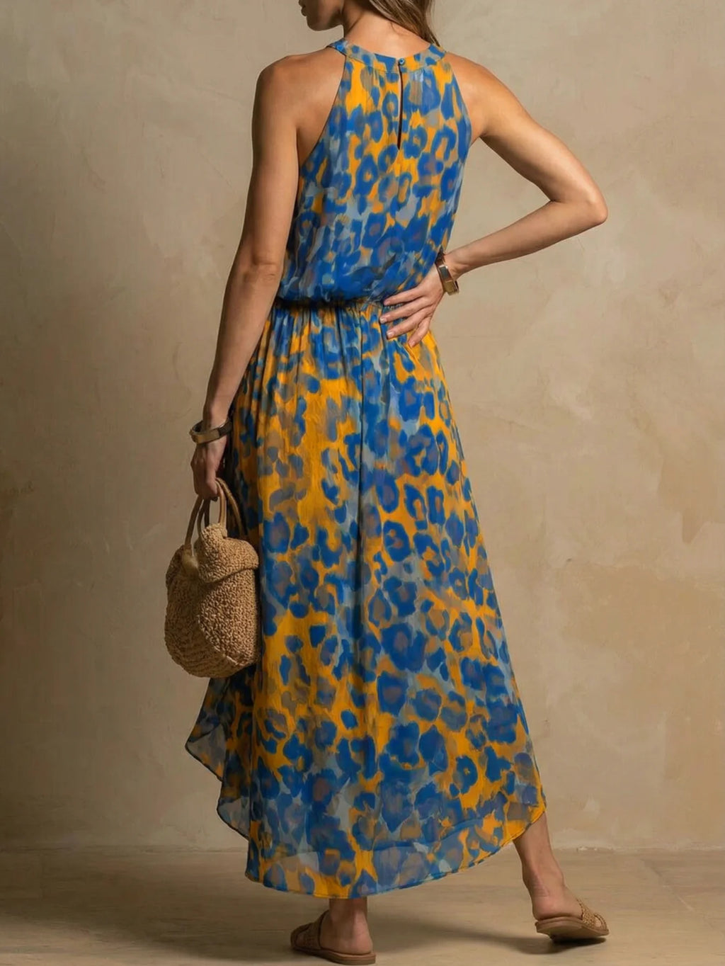 Women's Halter Sleeveless Maxi Dress Leopard Print Waist Tie Detail Loose Fit Long Dress Fashion Casual Ladies Daily Wear