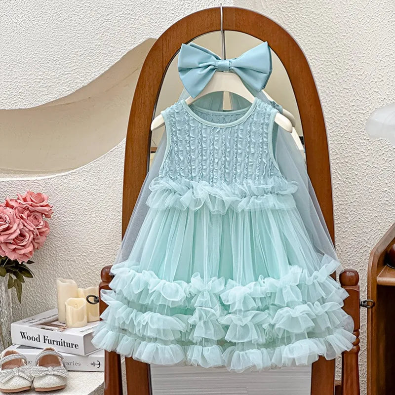 New Summer Baby Girls Sleeveless Tulle Princess Party Dress Layered Ruffle Fluffy Tutu with Large Back Bow Party Wedding P2516