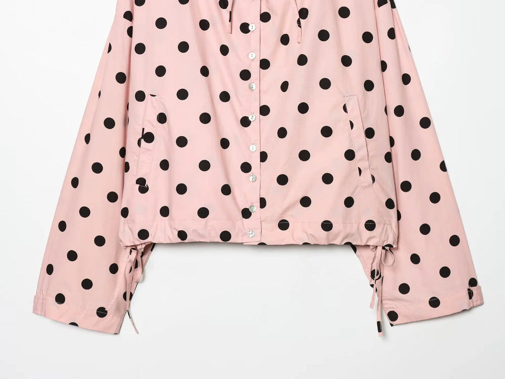 Woman Long Sleeve Pink Polka Dot Jacket Fashion Single Breasted High Collar Short Coat Women Spring Casual High Street Jacket