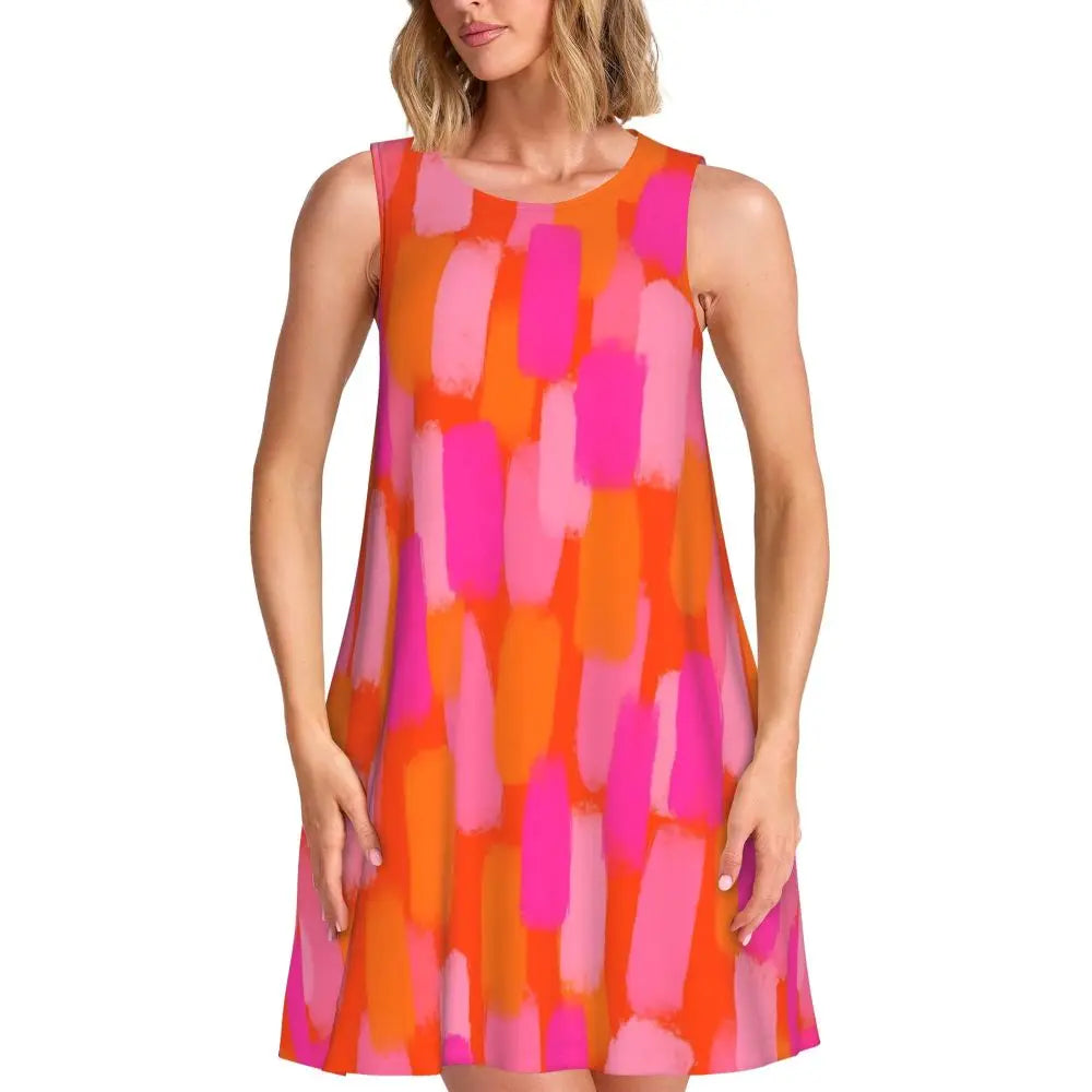 Abstract Brush Print Casual Dress Colorful Print Sleeveless Pretty Dresses Woman Crewneck Aesthetic Dress Spring Print Clothes