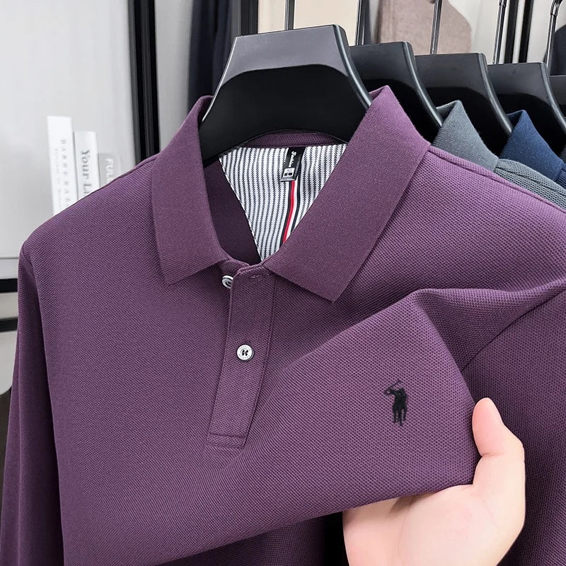 Pure Cotton Polo Shirt For Men Premium Embroidered Pony Logo Autumn Winter Long Sleeve Business Casual