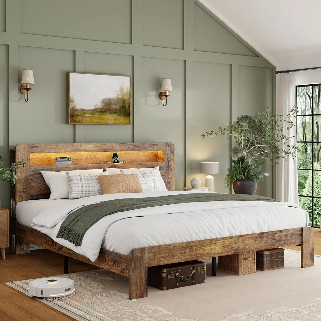 King Size Wooden Platform Bed with Storage Headboard & Charging Station LED Lights Slats No Box Spring, Customized