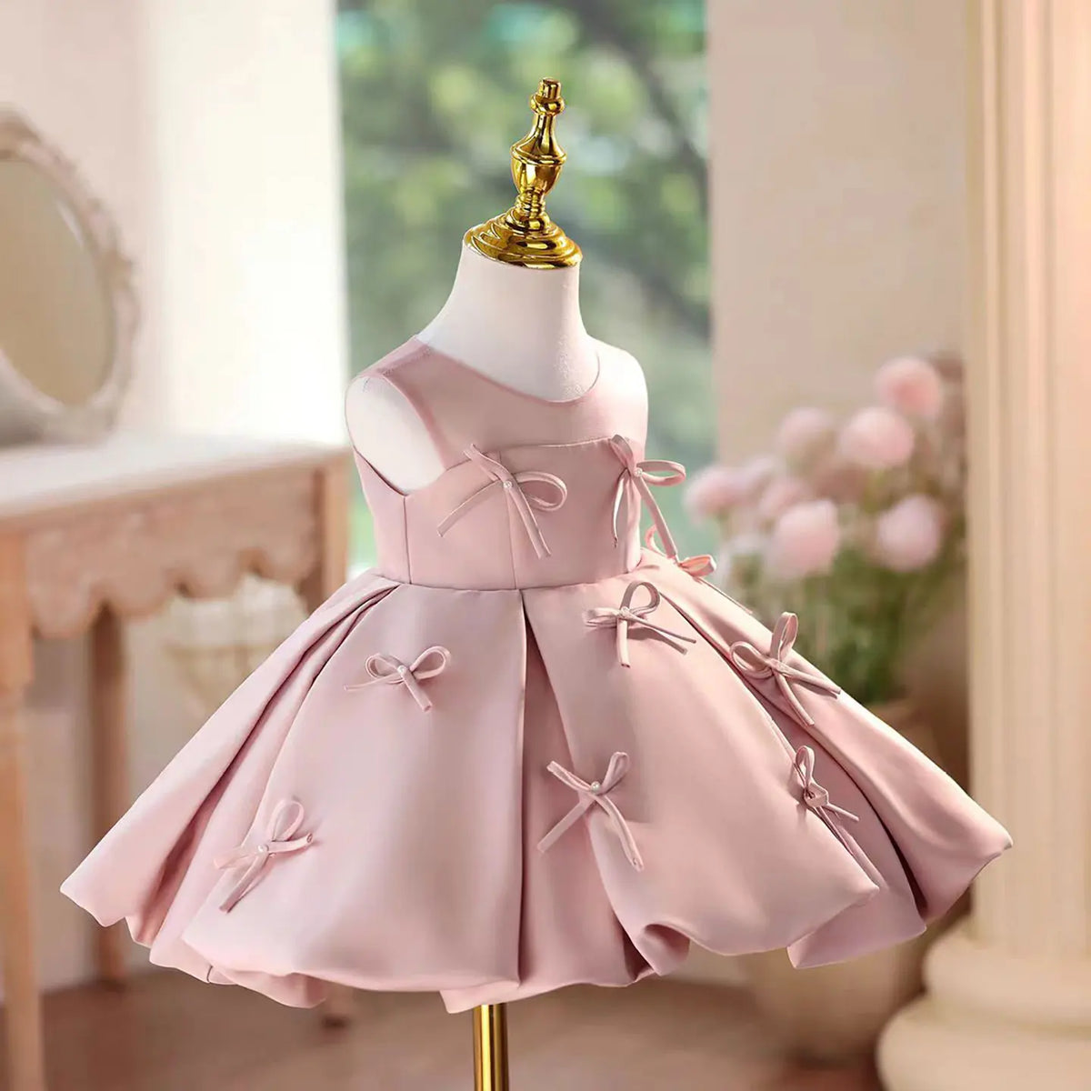 Dreamy Vow D097 Elegant Pink Bow Sleeveless Knee-Length Baby Girl Dress For Kids Birthday Party Spring Summer Prom Tulle Dress