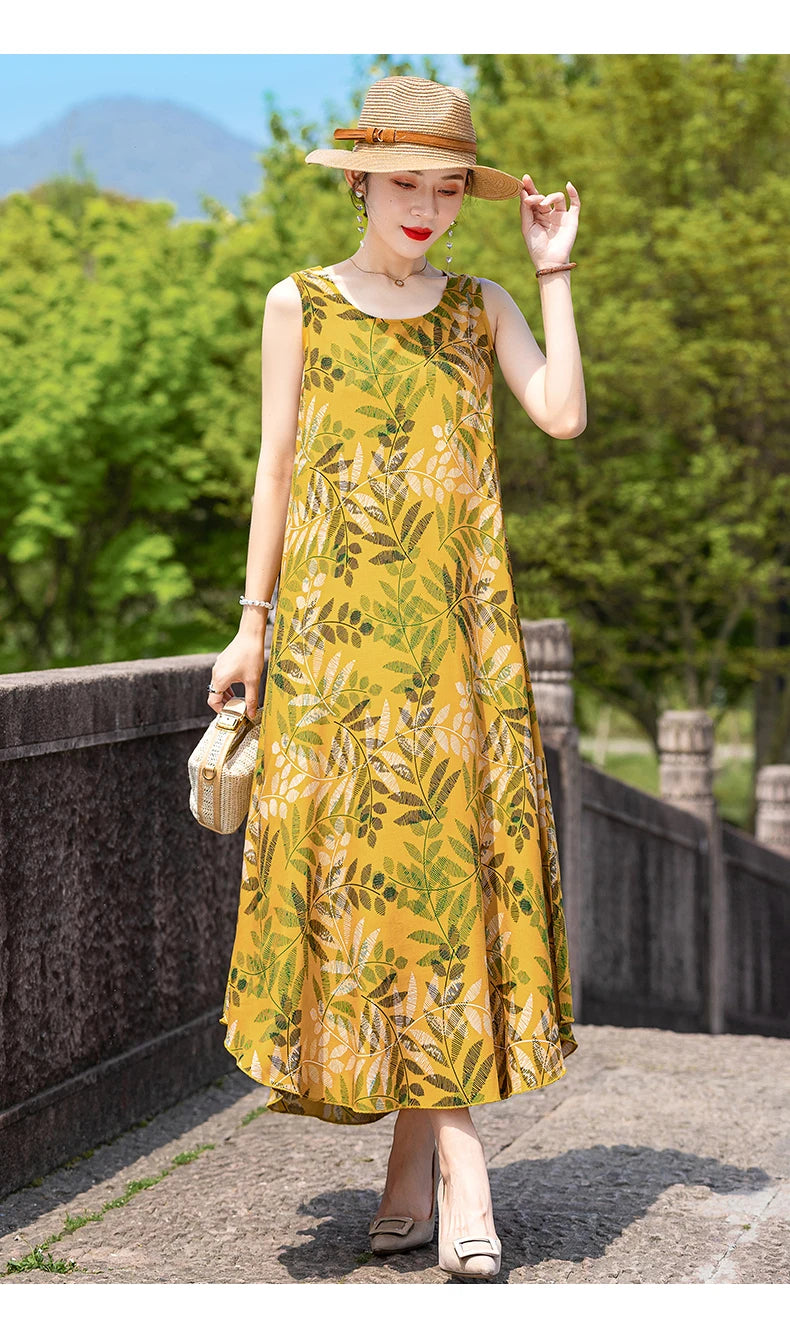 New Women Summer Dresses Vintage Dress FashionRobe Plus Size Sleeveless Femme Casual Print Dresses