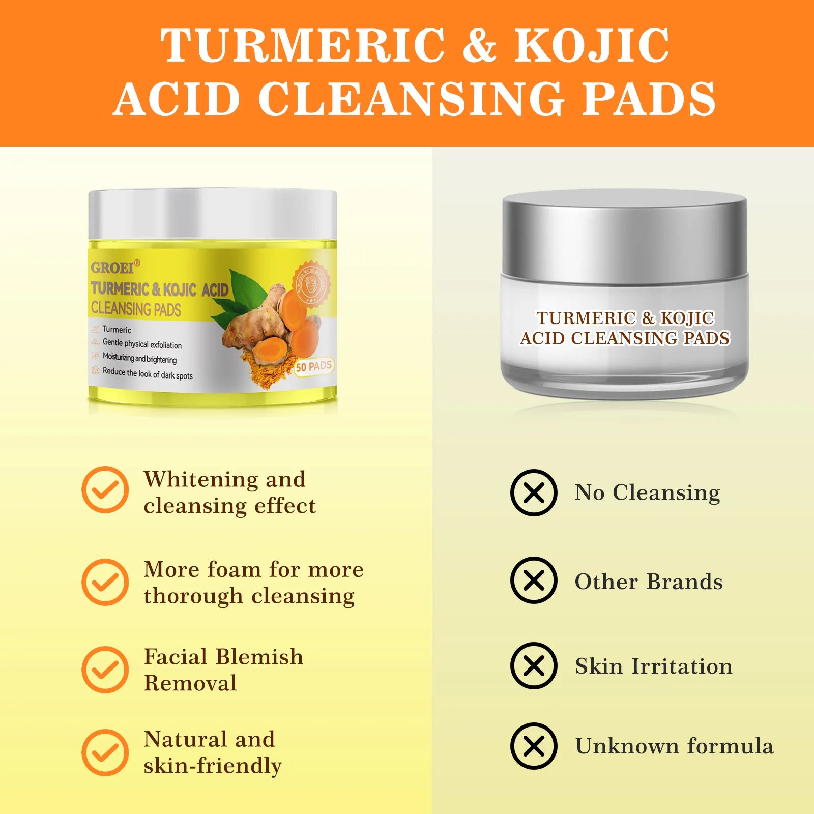 50pcs Turmeric Kojic Acid Cleansing Pads Exfoliating Pads Facial Sponges For Cleansing Exfoliating Daily Cleansing Skin Care