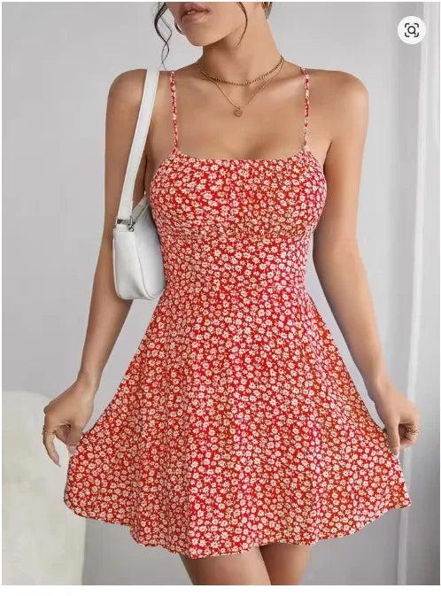 Elegant Floral Print Spaghetti Strap Dress Backless Tie Back Slim Vacation Summer Women Dress