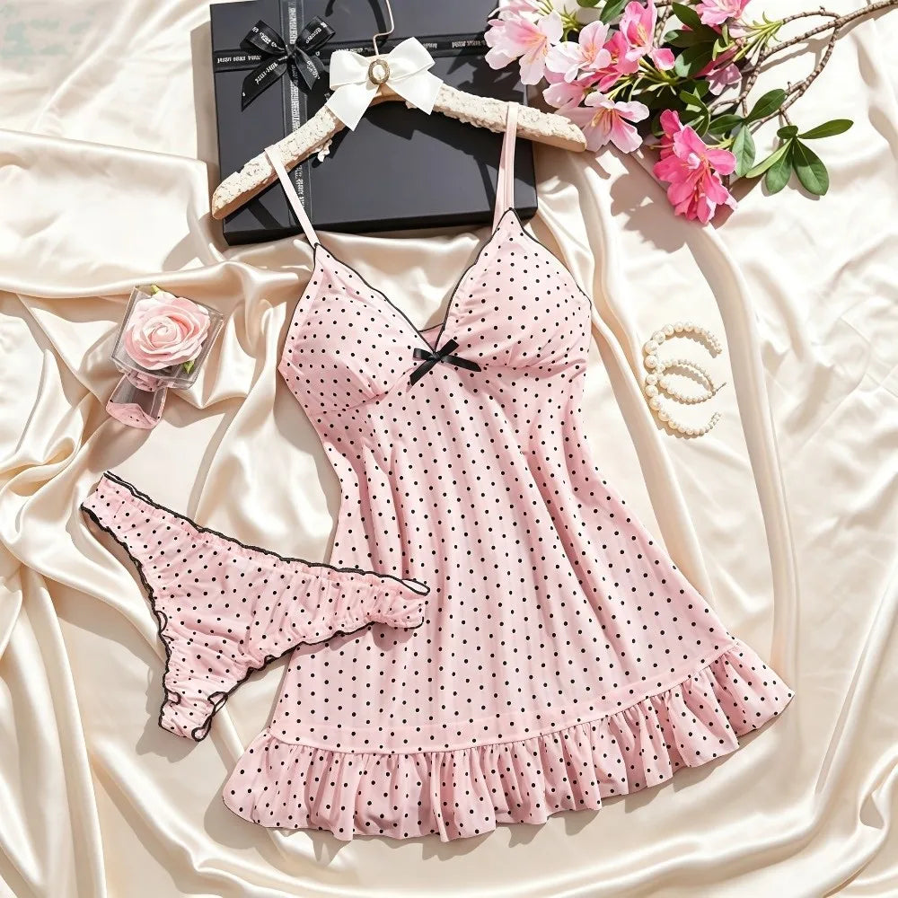 Home Wear Polka Dot Sweet Nightdress Transparent Mesh Sheer Nightwear Skirt Ruffle Hem V Neck Sleeveless Nightgown Women