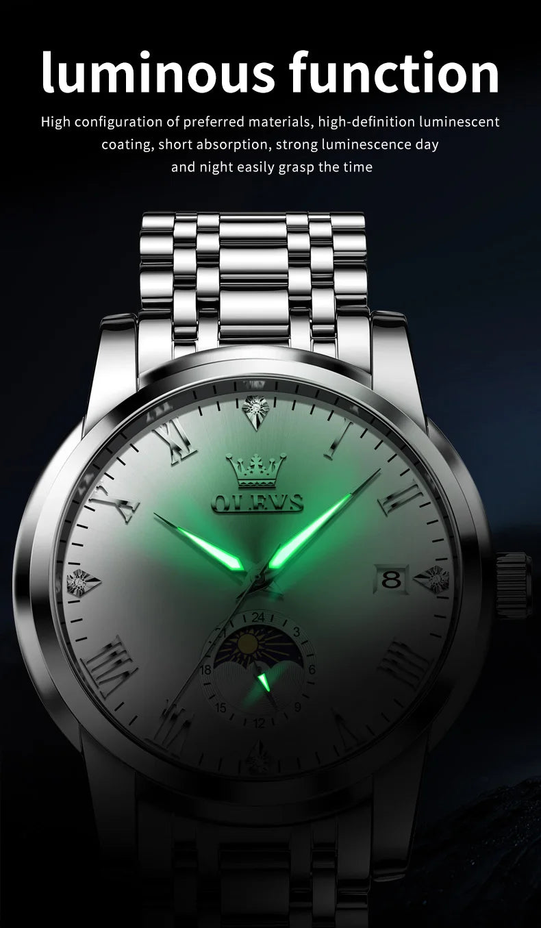 OLEVS 3656 Brand Men's Watches Fashion Original Quartz Watch for Man Waterproof Stainless Steel Luminous Wristwatch Moon Phase