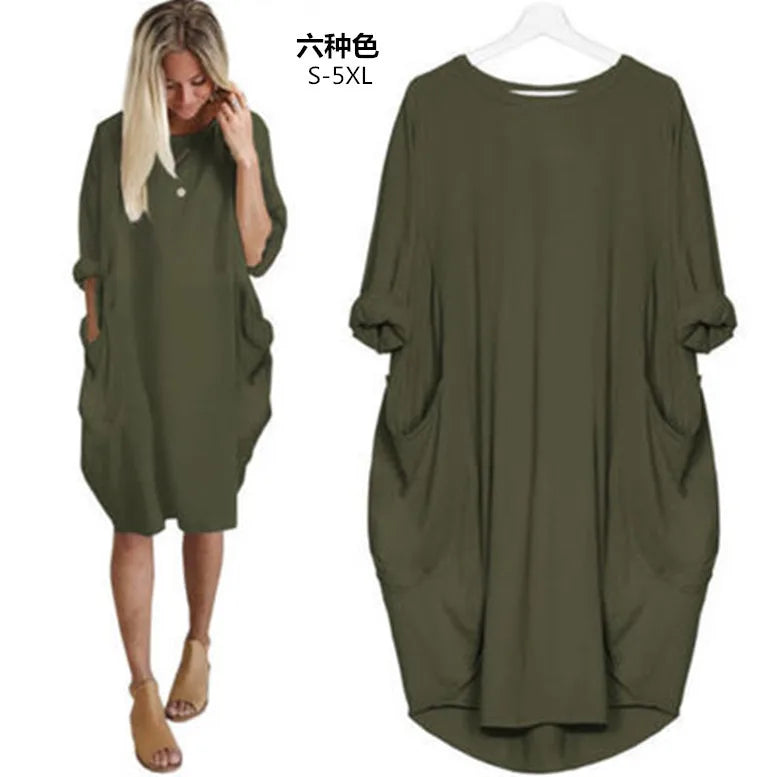Women's Dress Oversize O-neck Loose Red Version Casual Street Pocket Fashion Black Solid Color Beach Vacation Skirt