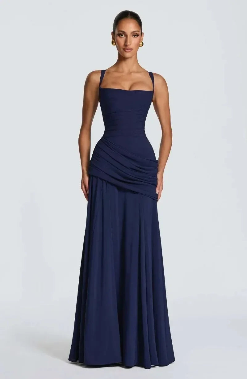 Elegant Strapless Ruched Maxi Dress Sexy Backless Lace Up Cinched Waist Slit Draped Bodycon Dresses Cocktail Party Evening Gown
