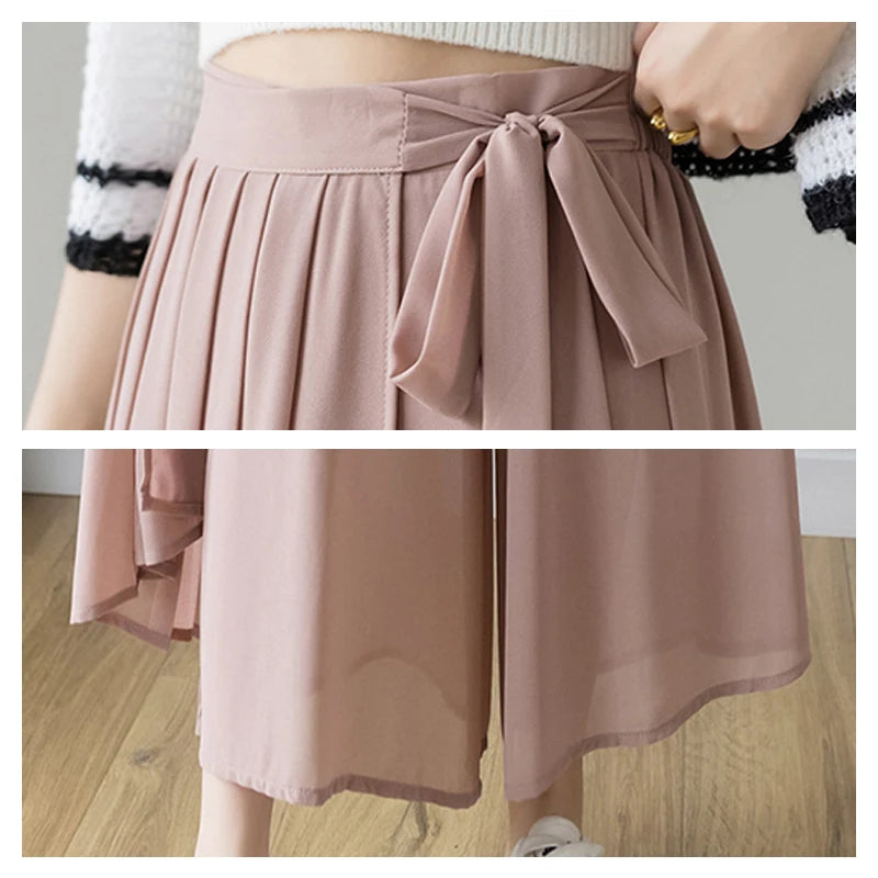 Summer Elastic Pleated Skirt Women Chiffon Trouser Skirt High Waist Casual Wide Leg Pants Fashion Streetwear Pants Pantalones