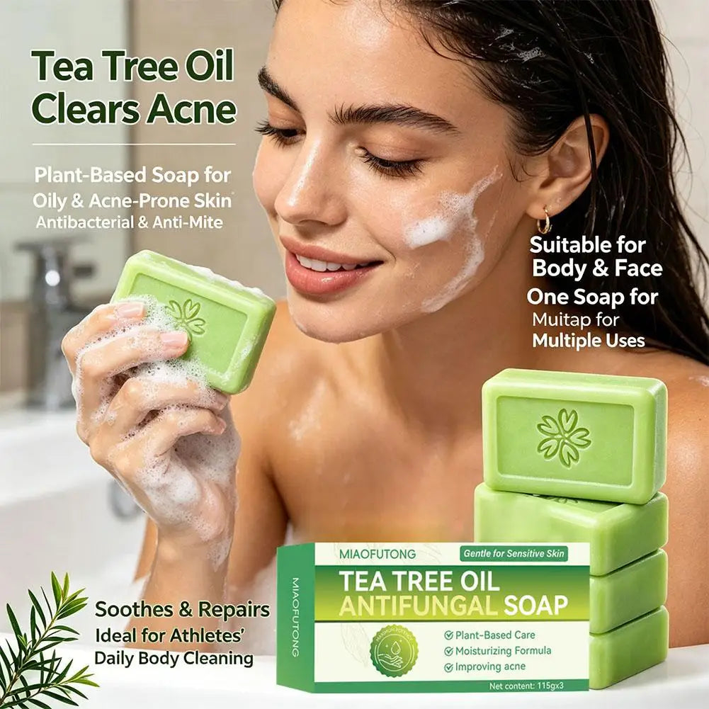 3PCS Tea Tree Oil Soap Acne Clearing Bar Natural Plant Deep Cleansing Bar Body Face Wash For Oily Acne-Prone Sensitive Skin Care